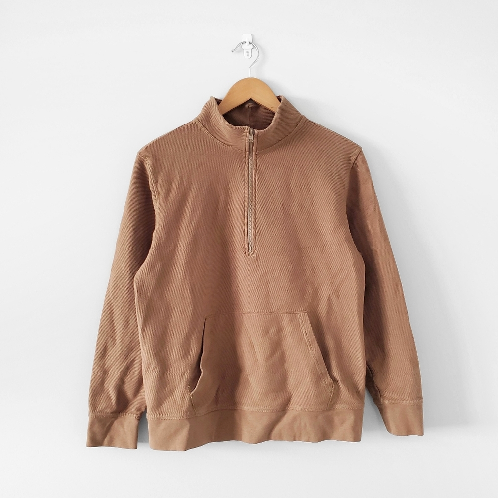 EVERLANE Men's Tan The Twill Half Zip Pullover Sweatshirt